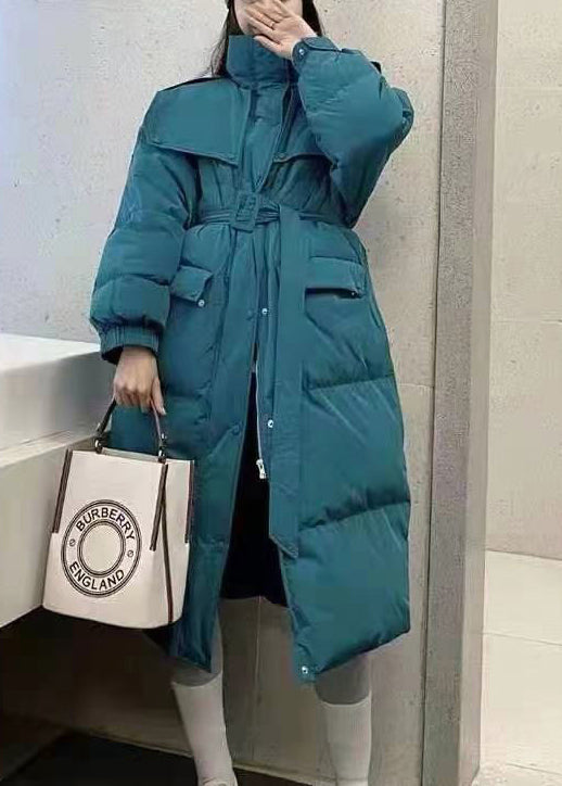 Blue Stand Collar Zippered Long Puffer Jacket Down Coat