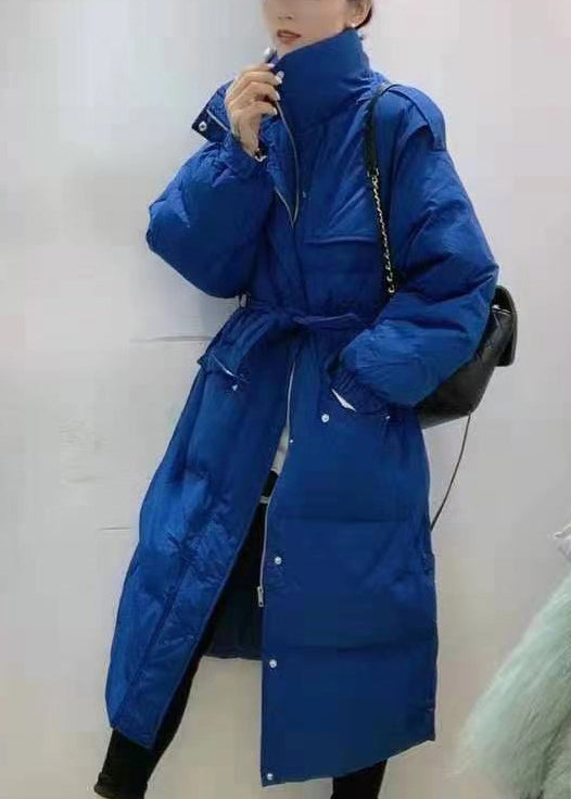 Blue Stand Collar Zippered Long Puffer Jacket Down Coat