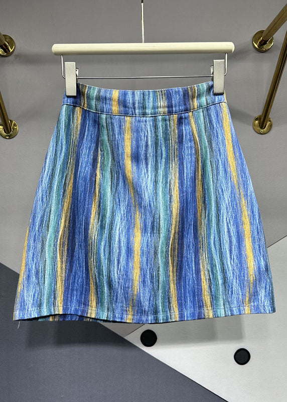 Blue Striped Asymmetrical Pockets Patchwork Denim Skirts Summer