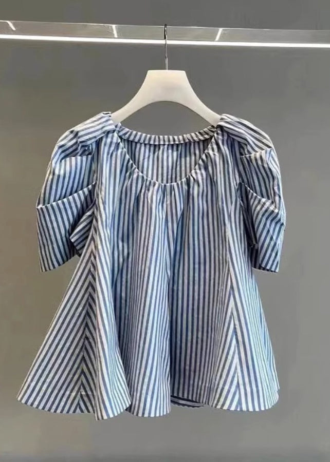 Blue Striped Cotton Shirts Puff Sleeve