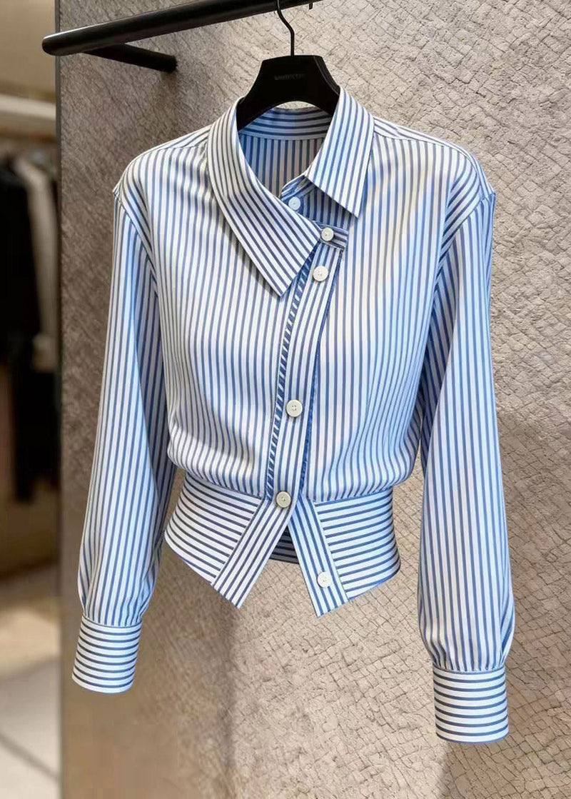 Blue Striped Peter Pan Collar Button Shirt Spring