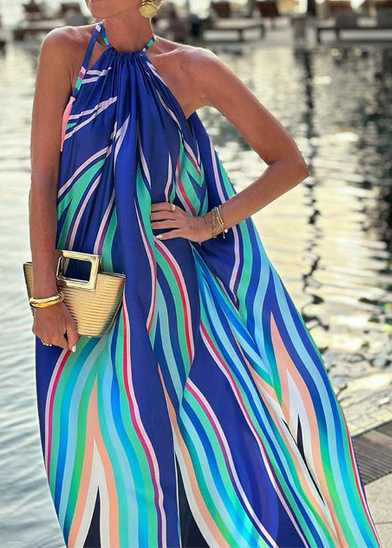 Blue Striped Print Cotton Long Dresses Sleeveless