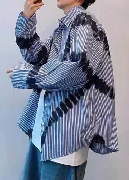 Chic Blue Striped Tie Dye Cotton Men Shirts Spring