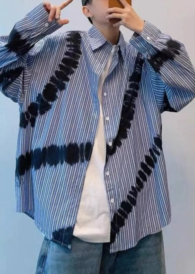 Blue Striped Tie Dye Cotton Shirts Spring