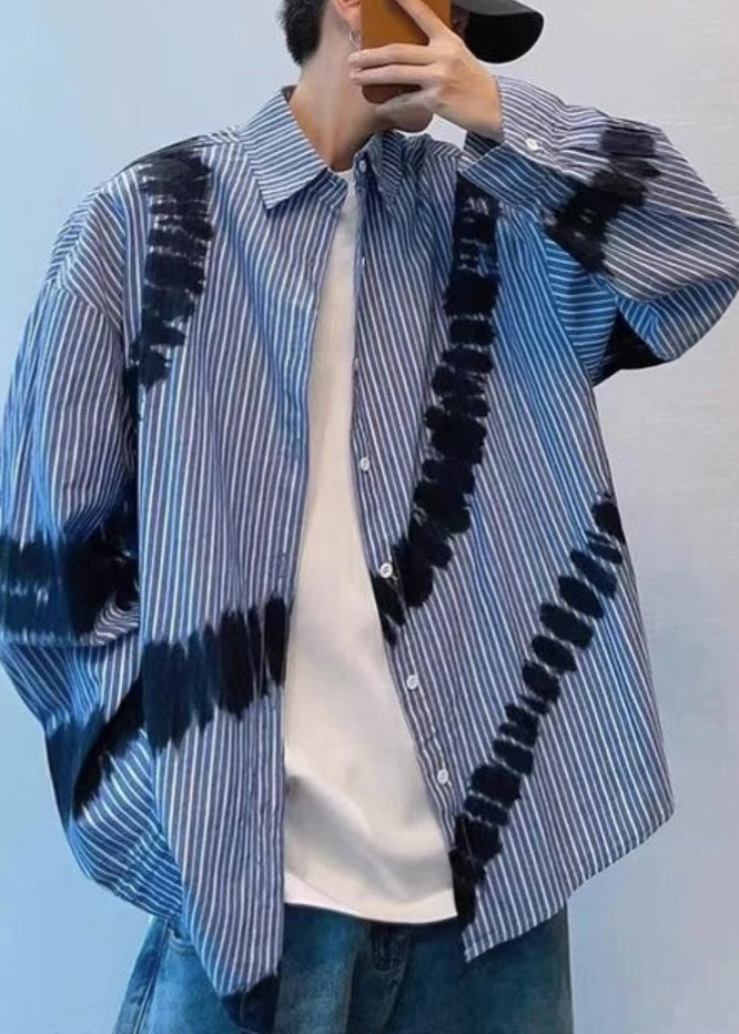 Chic Blue Striped Tie Dye Cotton Men Shirts Spring