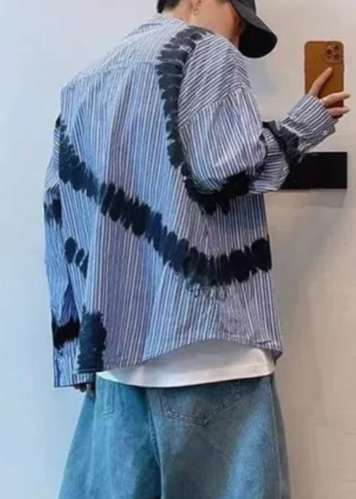 Chic Blue Striped Tie Dye Cotton Men Shirts Spring