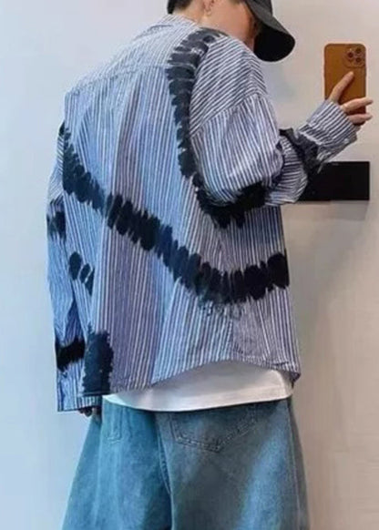 Chic Blue Striped Tie Dye Cotton Men Shirts Spring