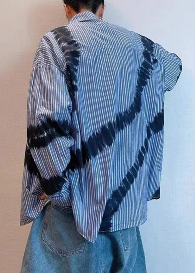 Chic Blue Striped Tie Dye Cotton Men Shirts Spring