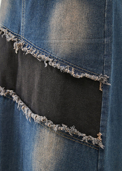 Blue Tasseled Patchwork Denim Skirt Fall