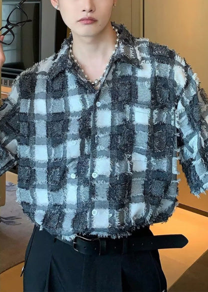 Blue Tasseled Plaid Pockets Cotton Shirts Summer