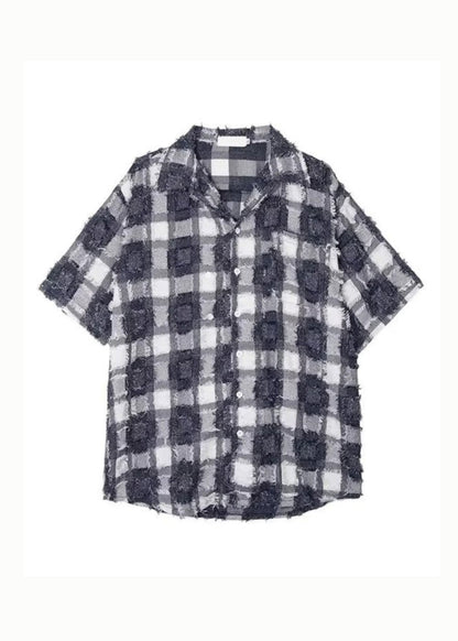 Blue Tasseled Plaid Pockets Cotton Shirts Summer