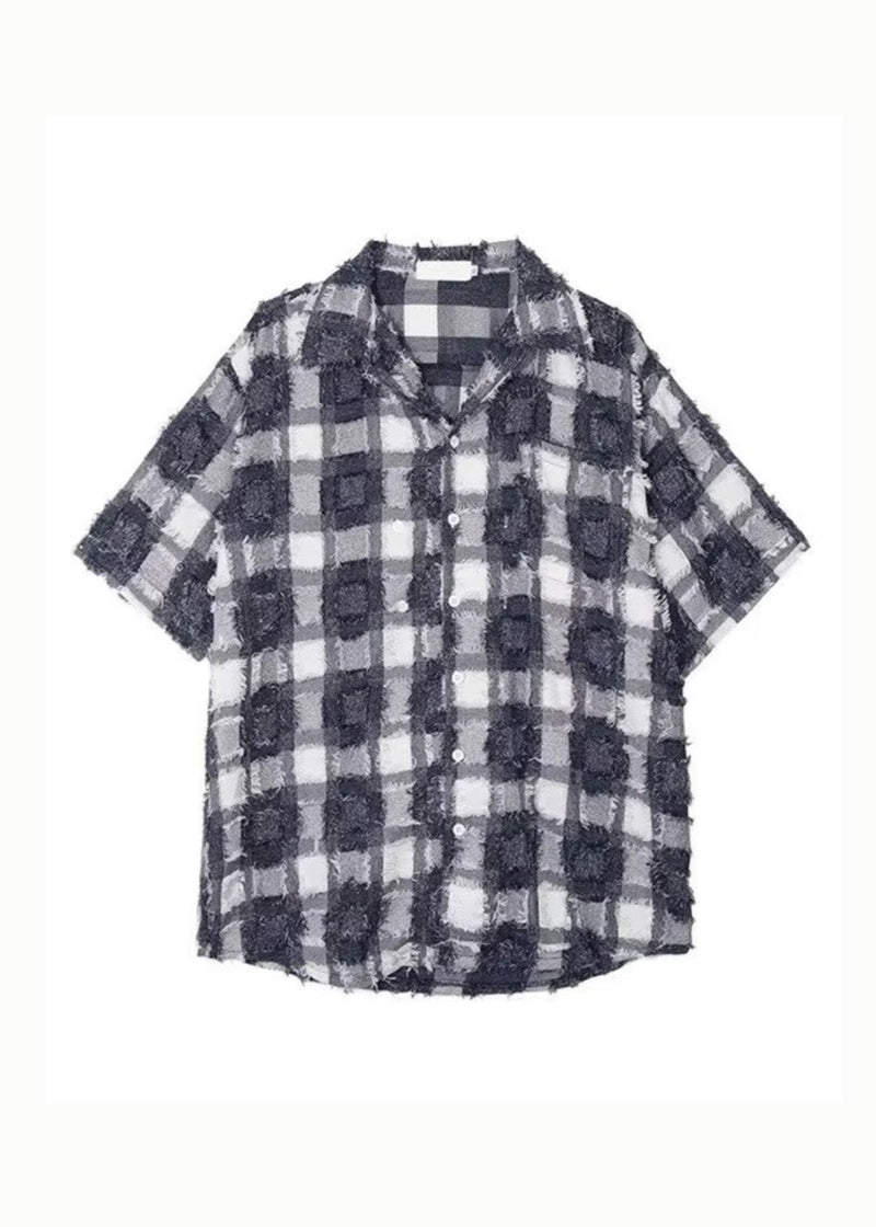 Blue Tasseled Plaid Pockets Cotton Shirts Summer