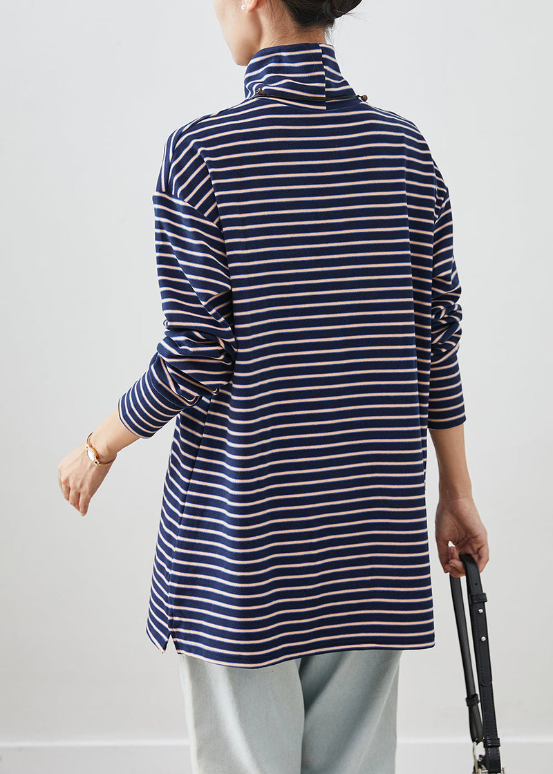 Blue Turtle Neck Striped Cotton Shirt Top Fall
