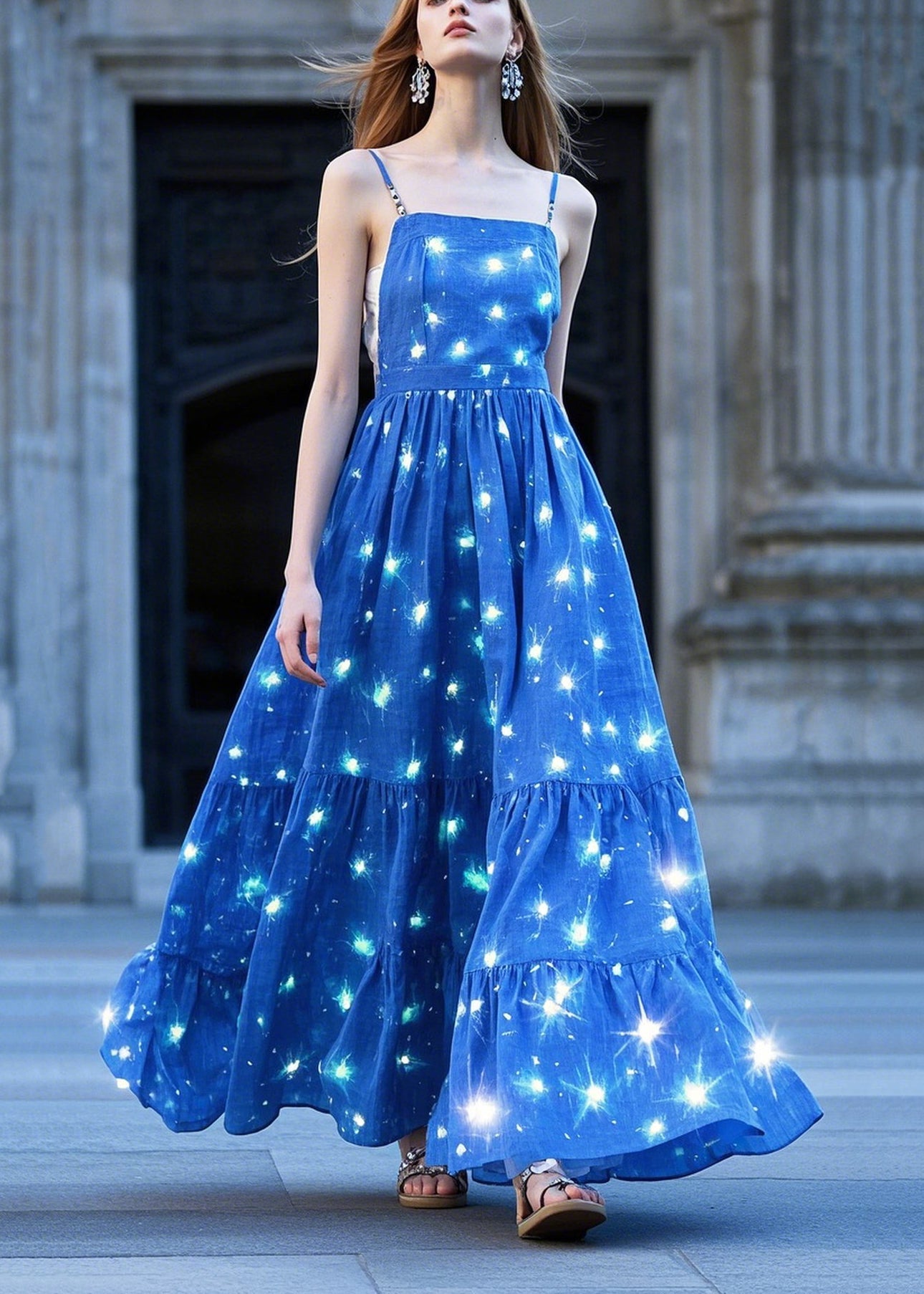 Blue Twinkling Star Print Exra Large Hem Cami Dress Summer