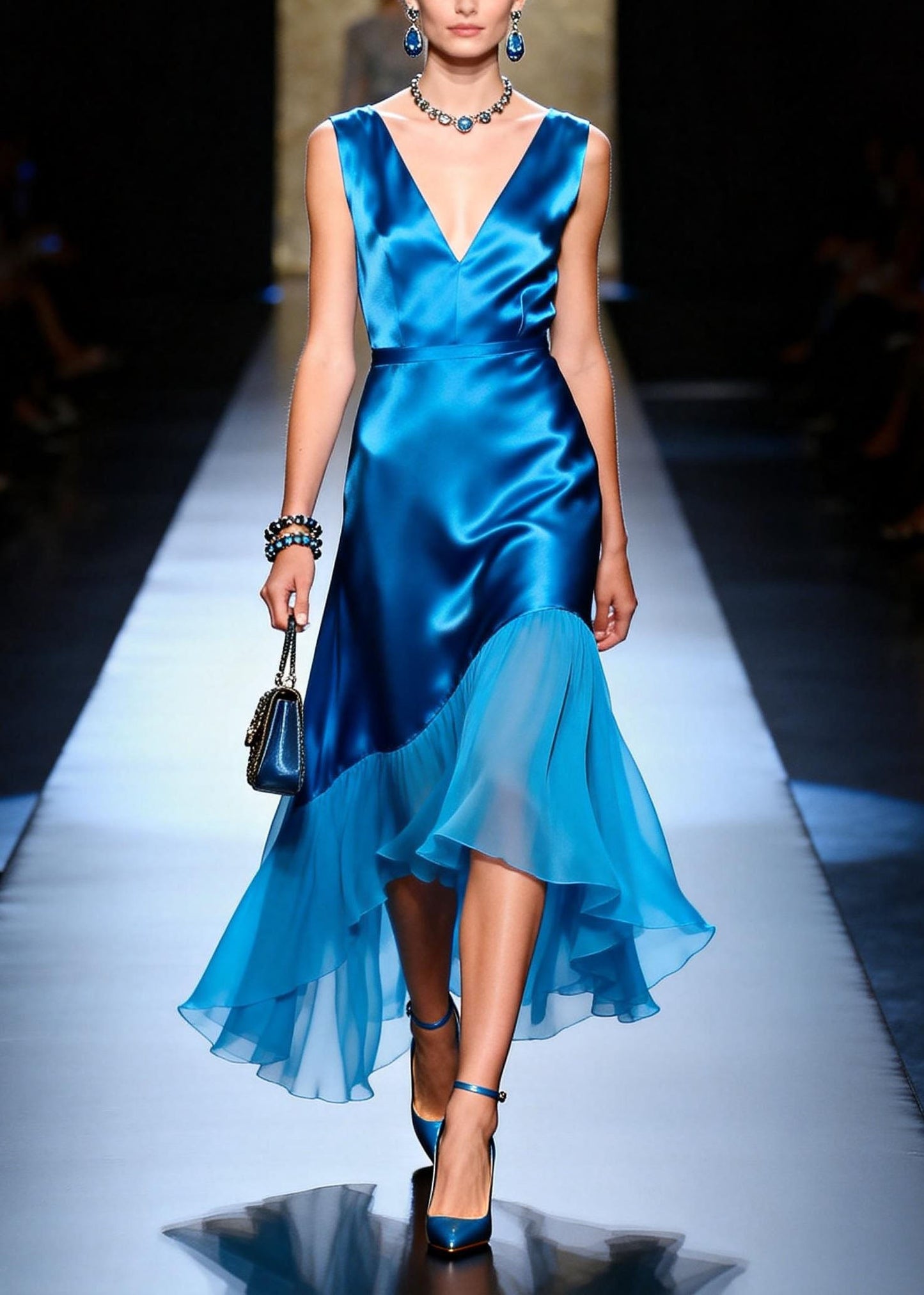 Blue V Neck Asymmetrical Patchwork Silk Dress Sleeveless