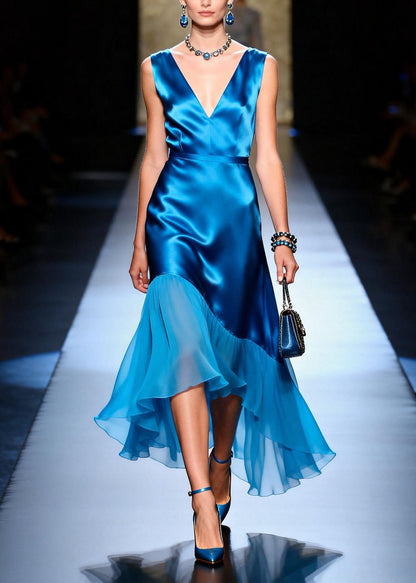 Blue V Neck Asymmetrical Patchwork Silk Dress Sleeveless
