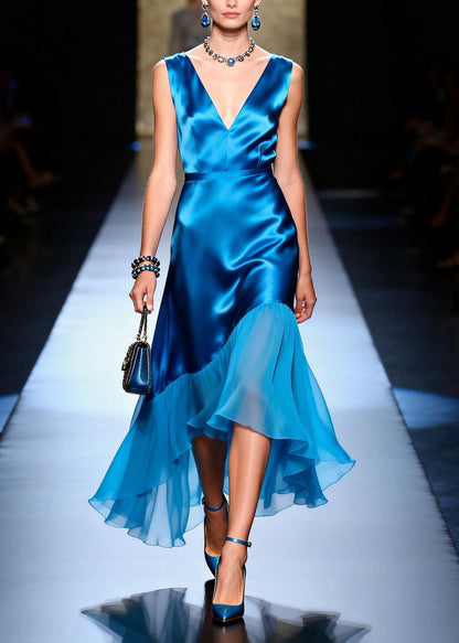 Blue V Neck Asymmetrical Patchwork Silk Dress Sleeveless