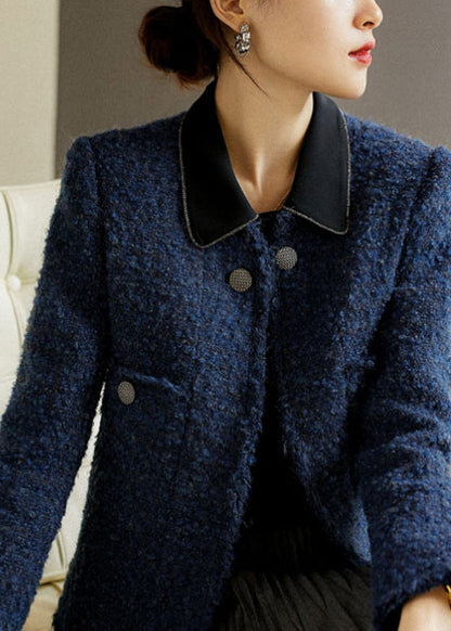 Blue V Neck Button Pockets Ma Hai Mao Coat Long Sleeve