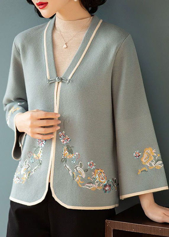 Blue V Neck Embroideried Woolen Coats Long Sleeve