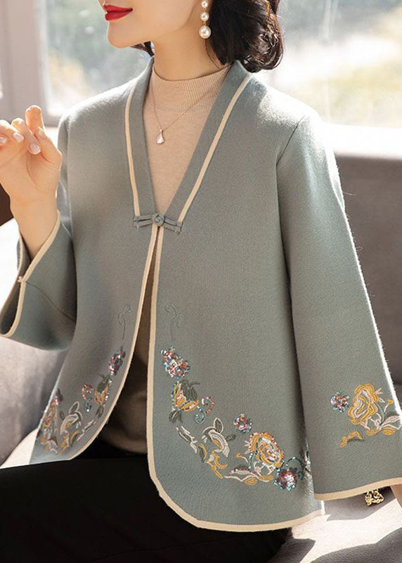 Blue V Neck Embroideried Woolen Coats Long Sleeve