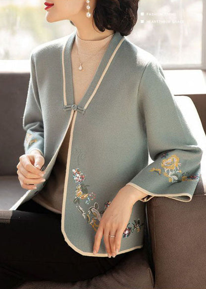 Blue V Neck Embroideried Woolen Coats Long Sleeve