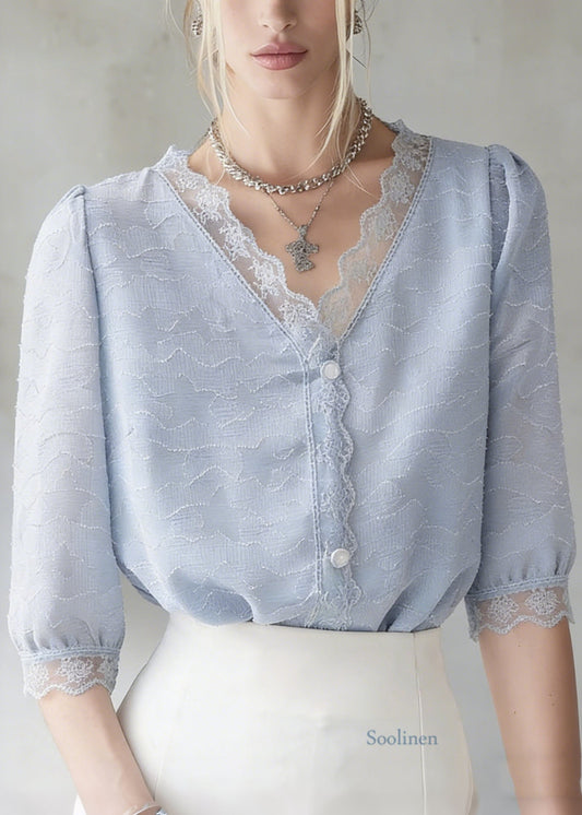 Blue V Neck Lace Patchwork Cotton Top Summer