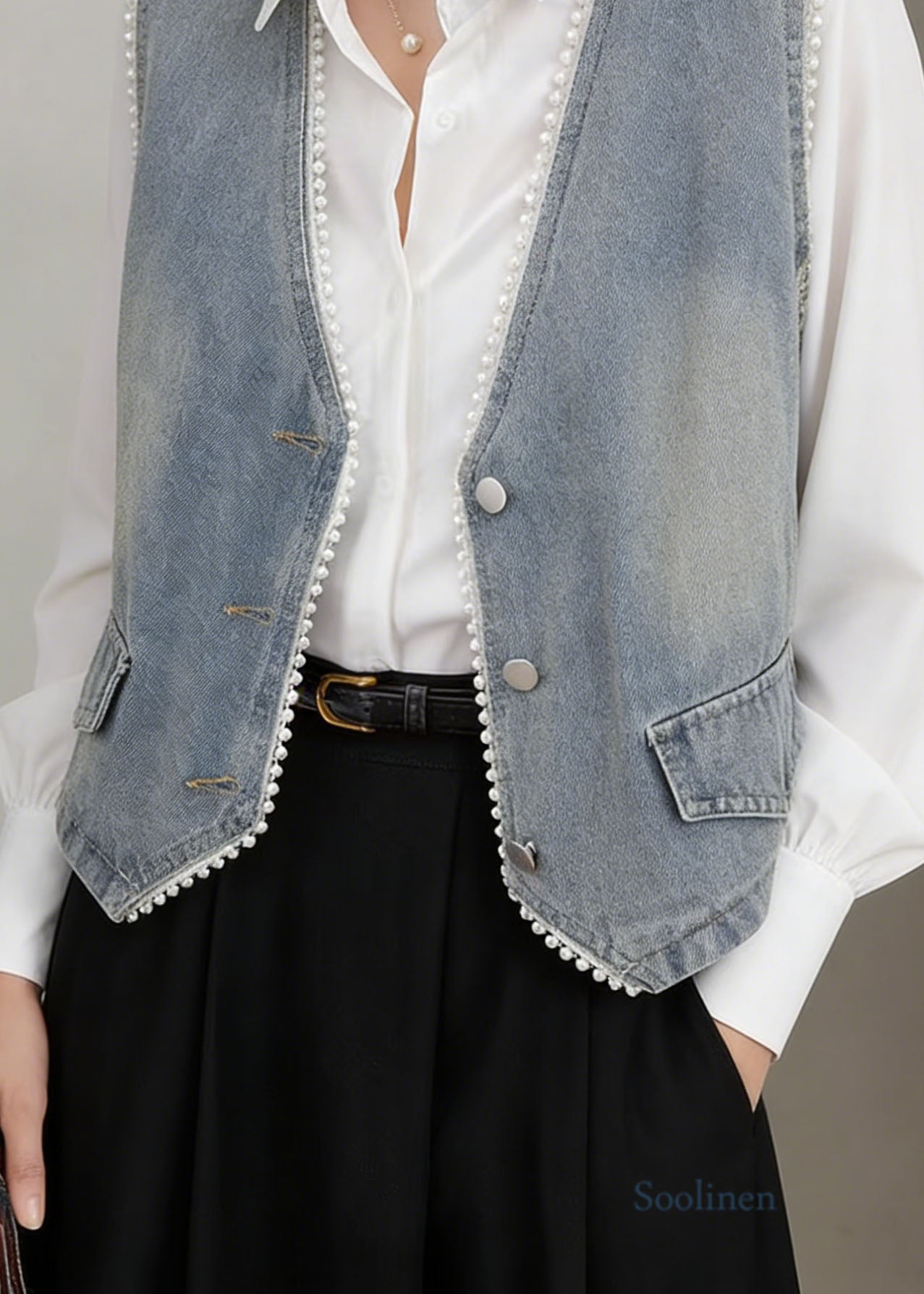 Blue V Neck Pearl Edge Patchwork Denim Vest Sleeveless