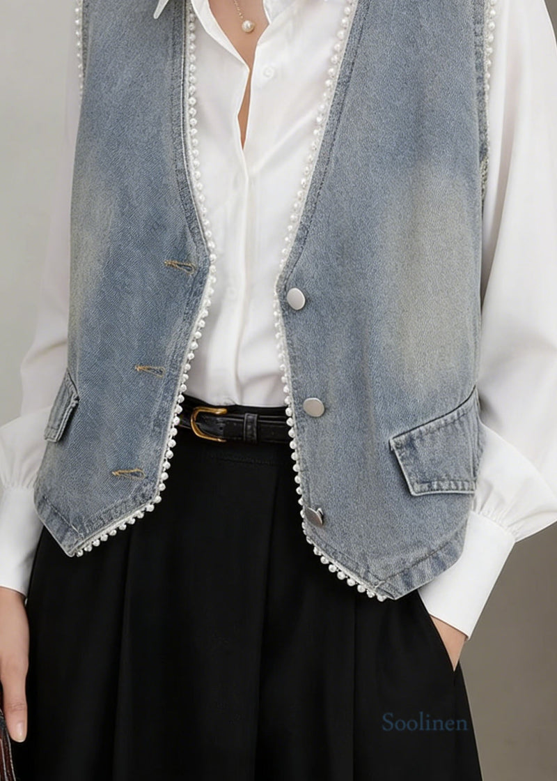 Blue V Neck Pearl Edge Patchwork Denim Vest Sleeveless
