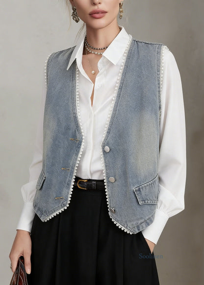 Blue V Neck Pearl Edge Patchwork Denim Vest Sleeveless