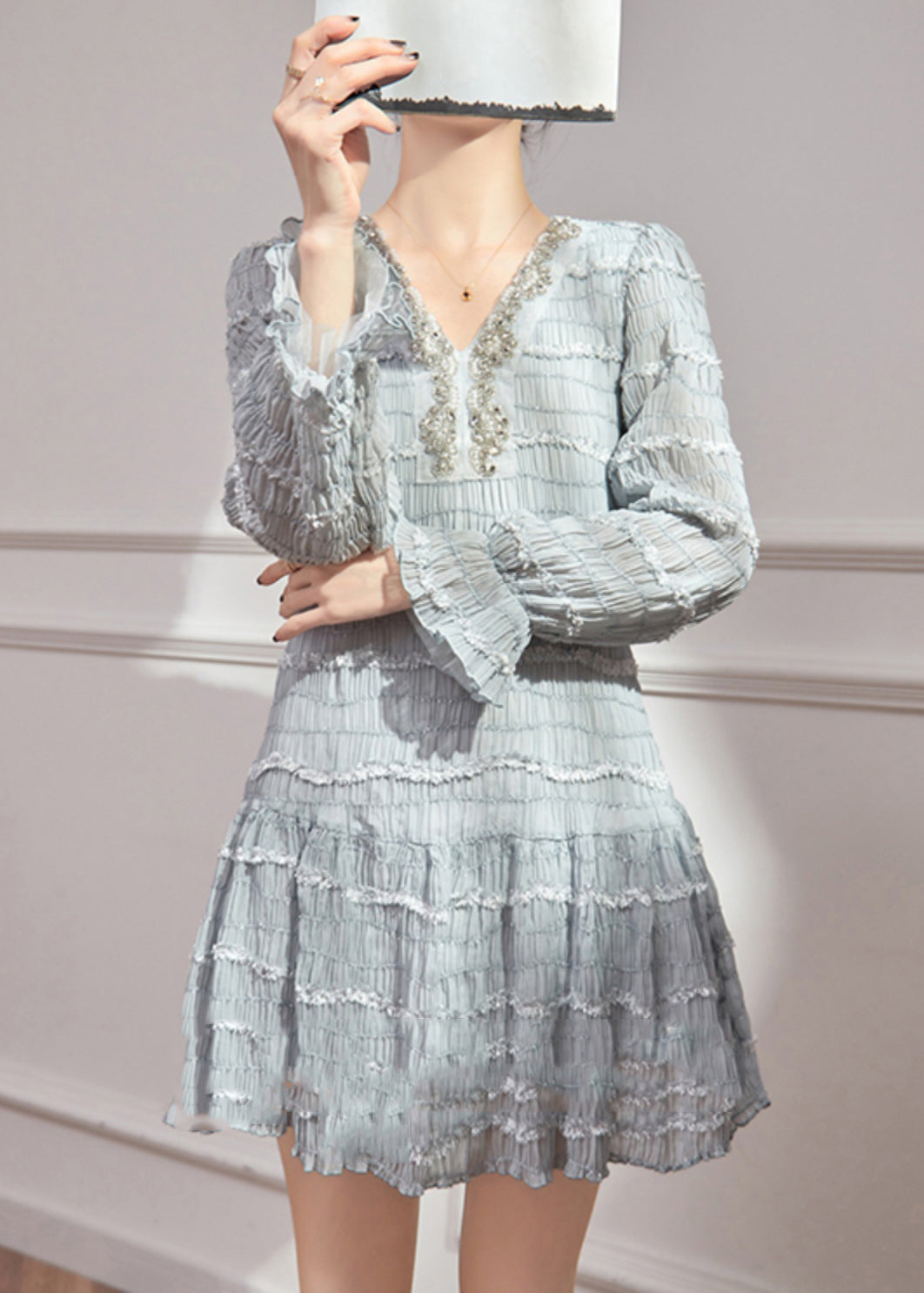 Blue V Neck Ruffled Patchwork Sequins Chiffon Mid Dress Flare Sleeve