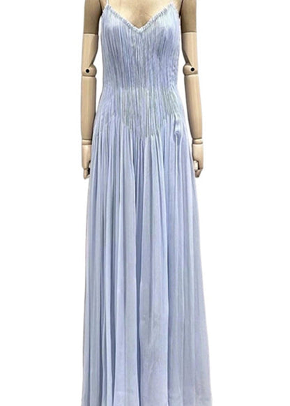 Blue V Neck Wrinkled Cotton Spaghetti Strap Dress Summer