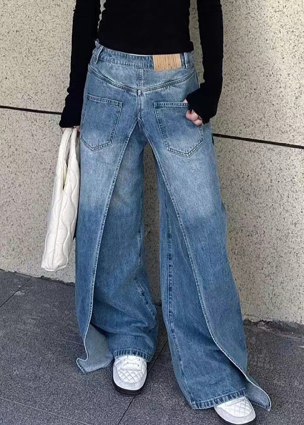 Blue Wear on Both Sides Patchwork Denim Pants Fall