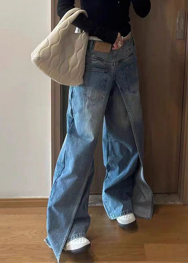 Blue Wear on Both Sides Patchwork Denim Pants Fall