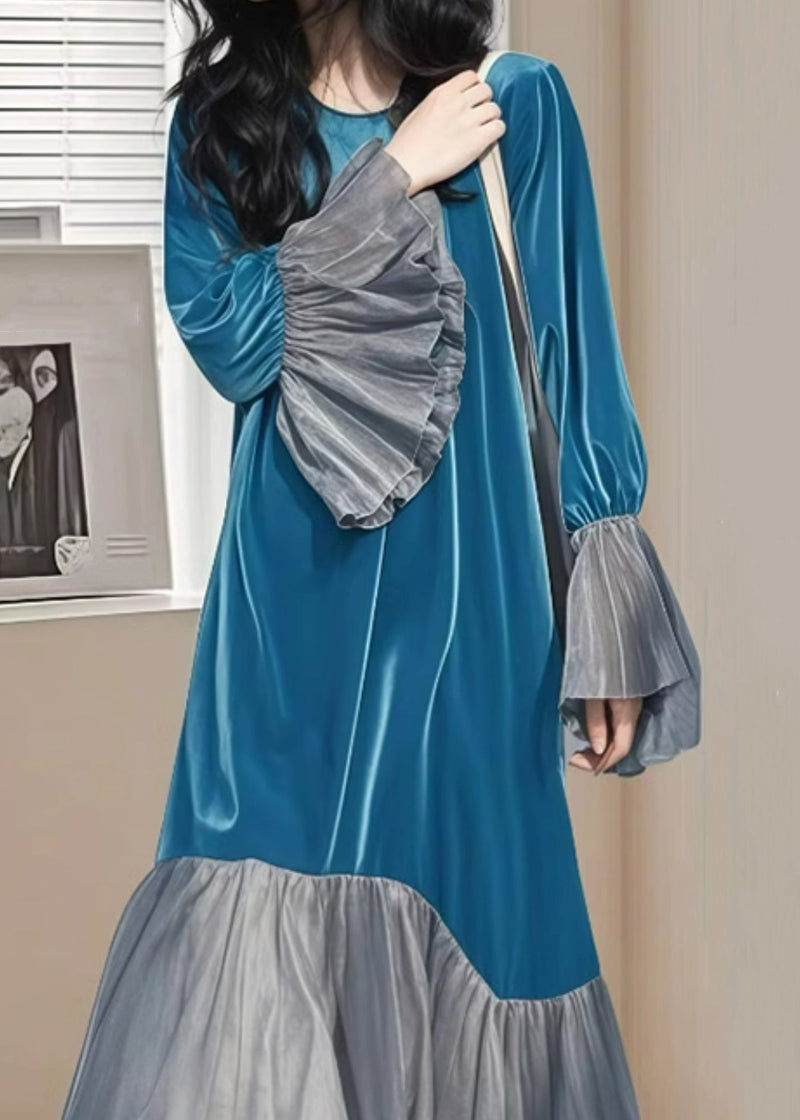 Blue Wrinkled Patchwork Silk Velvet Long Dress Flare Sleeve