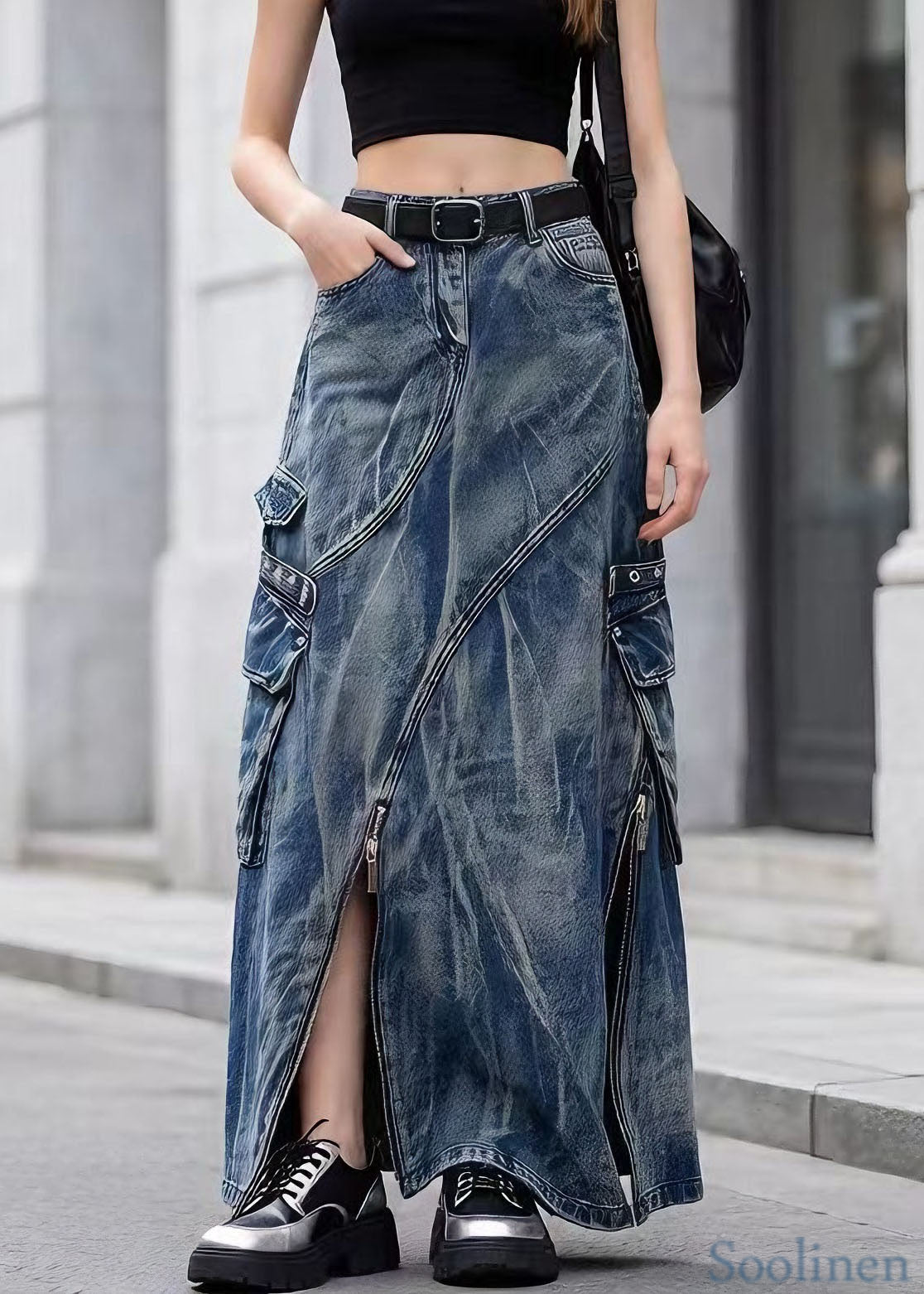 Blue Zip Up Pockets Tie Dye Denim Skirts Spring