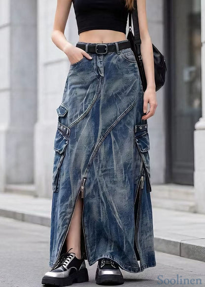 Blue Zip Up Pockets Tie Dye Denim Skirts Spring