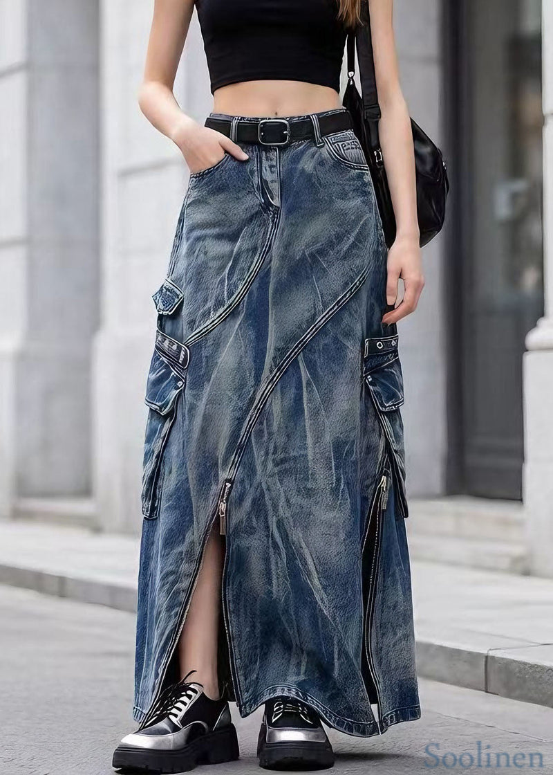 Blue Zip Up Pockets Tie Dye Denim Skirts Spring