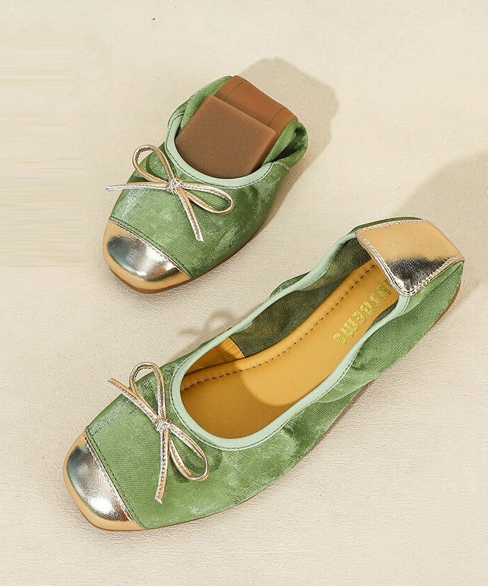 Bow Flat Shoes for Green Sheepskin