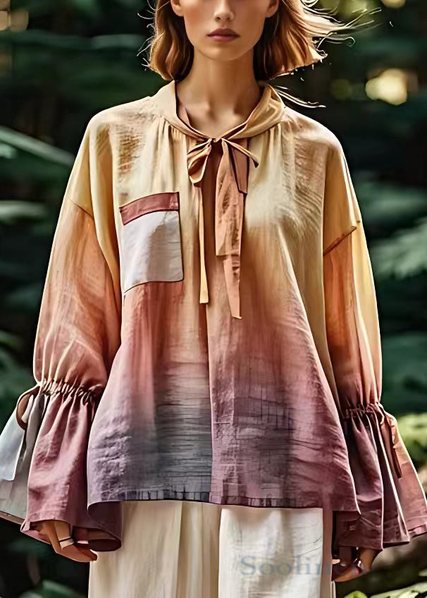 Bow Lace Up Pockets Cotton Blouses Long Sleeve