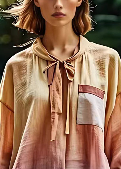 Bow Lace Up Pockets Cotton Blouses Long Sleeve