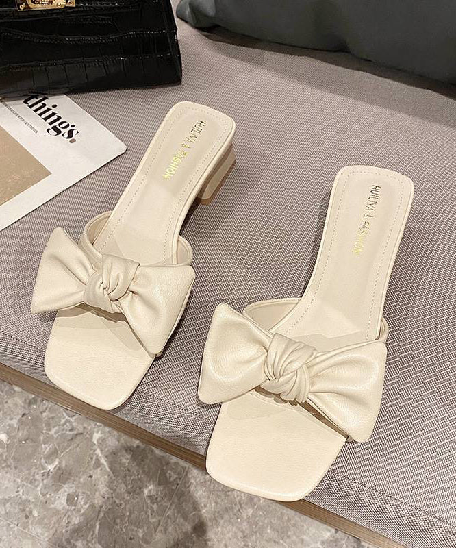 Bow Splicing Chunky Yellow Faux Leather Slide Sandals