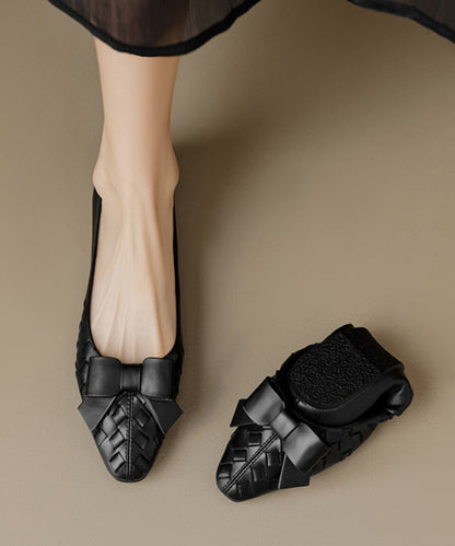 Bow Splicing Soft Comfy Flats Black Sheepskin