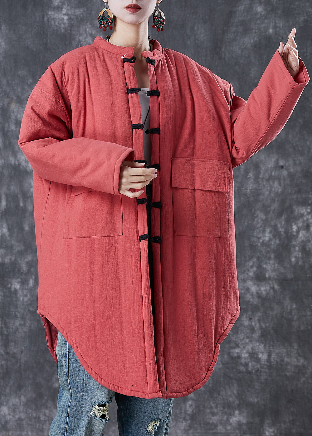 Brick Red Oversized Pockets Fine Cotton Filled Witner Coats