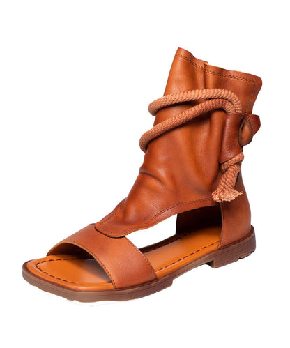 Brown Cowhide Leather Flat Sandals Boots Peep Toe Splicing Zippered