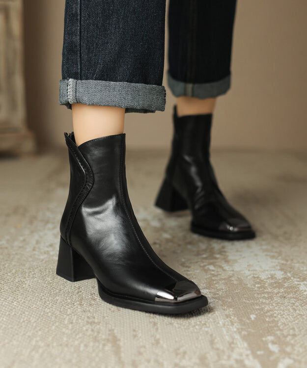 Brown Cowhide Leather Zippered Splicing Chunky Heel Boots