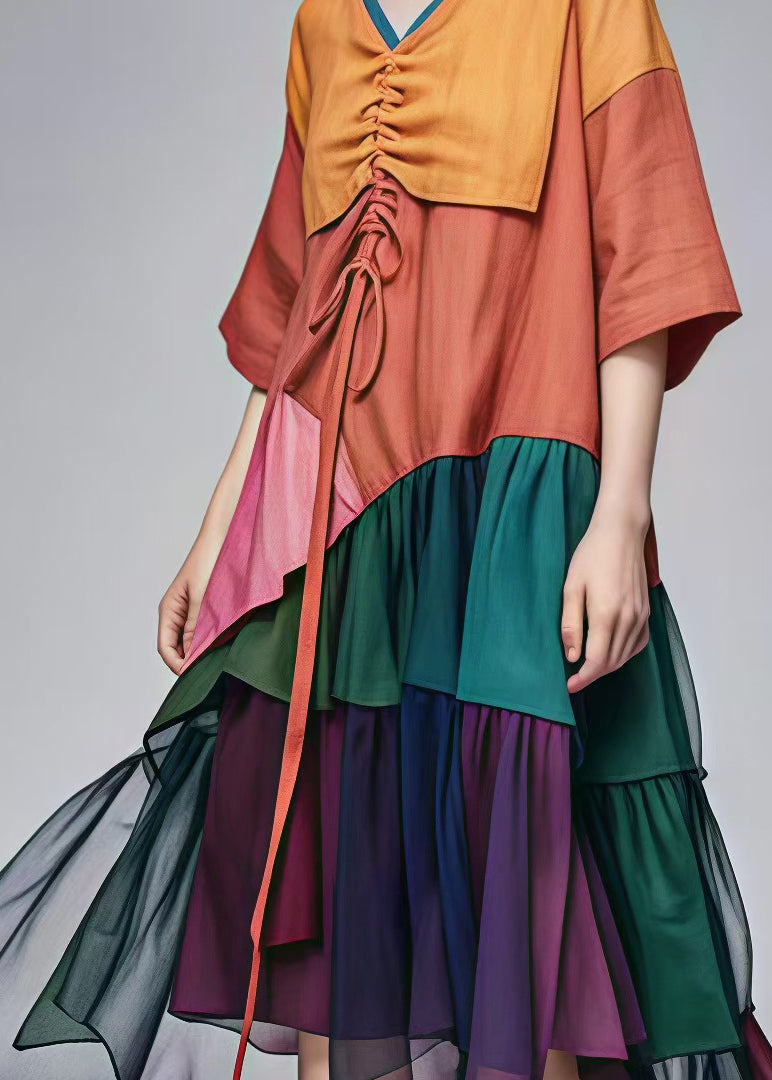 Brown Drawstring Patchwork Cotton Long Dress Summer