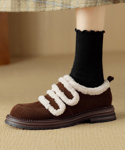 Brown Fuzzy Wool Lined Splicing Suede Platform Flats