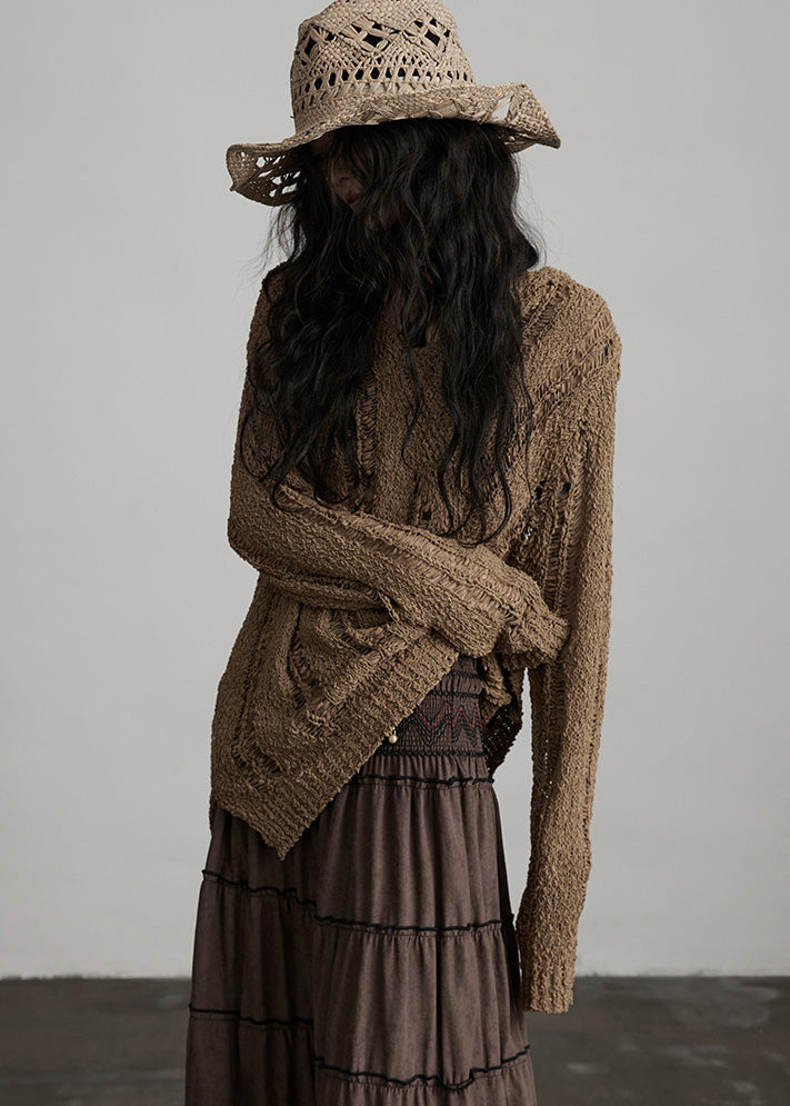 Brown Hooded Hollow Out Knit Loose Pullover Spring