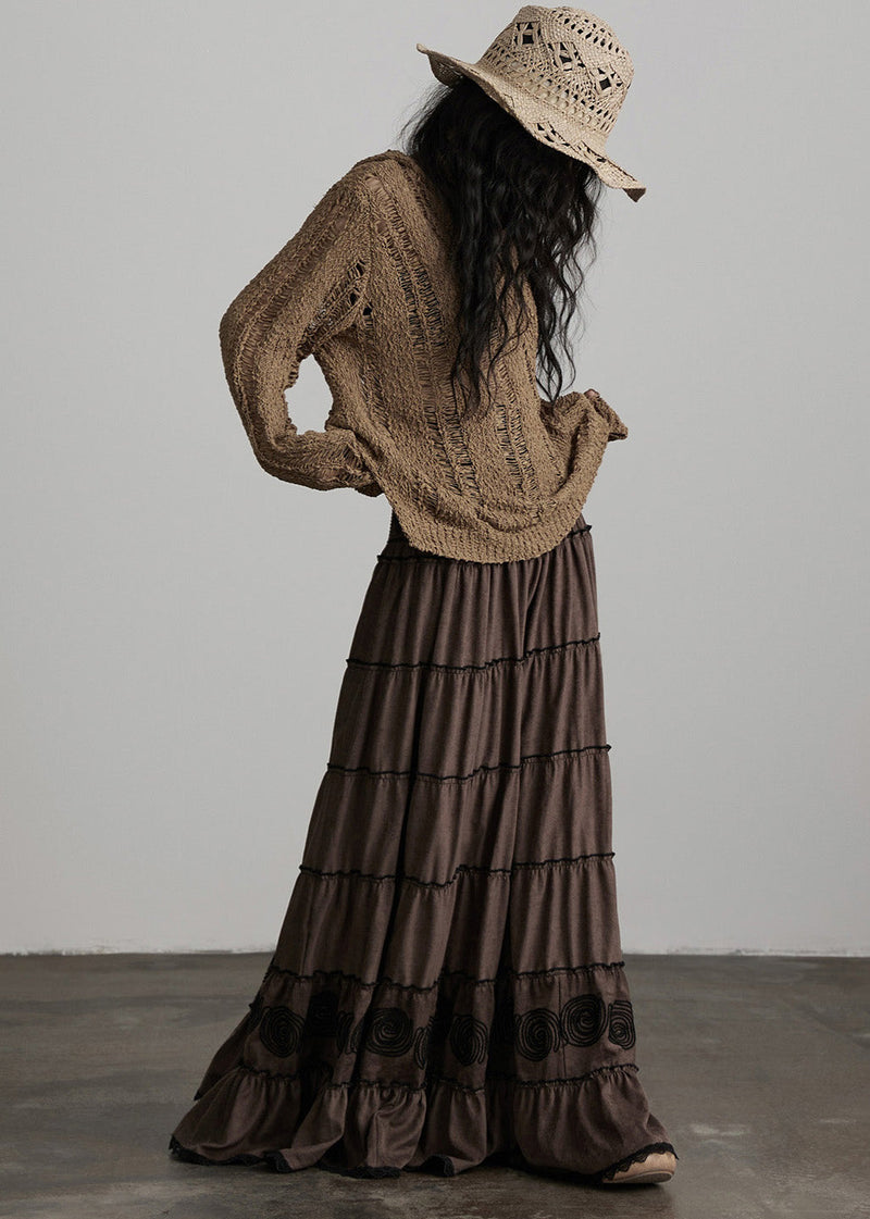 Brown Hooded Hollow Out Knit Loose Pullover Spring