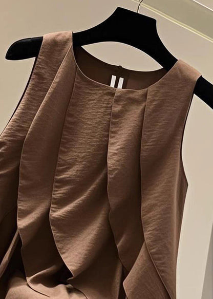 Brown O-neck Ruffled Patchwork T Shirts Summer